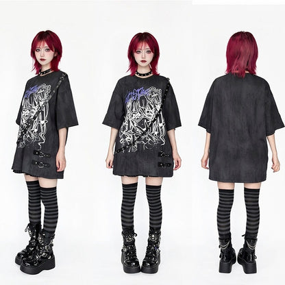 Anime Tie Strap Detachable Dye Decor Black/White T-Shirt with Print Girl Leather