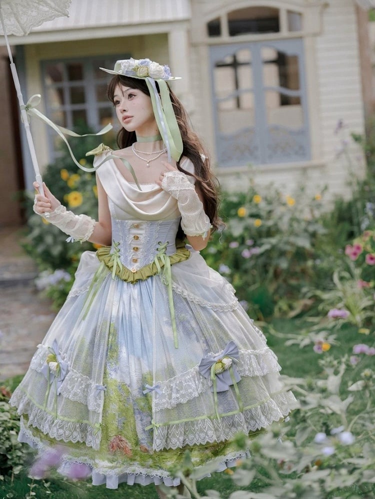 Art Print Skirt Classic Lolita Cowl Neck JSK Dress with Removable Overlay - Moonlight Dream