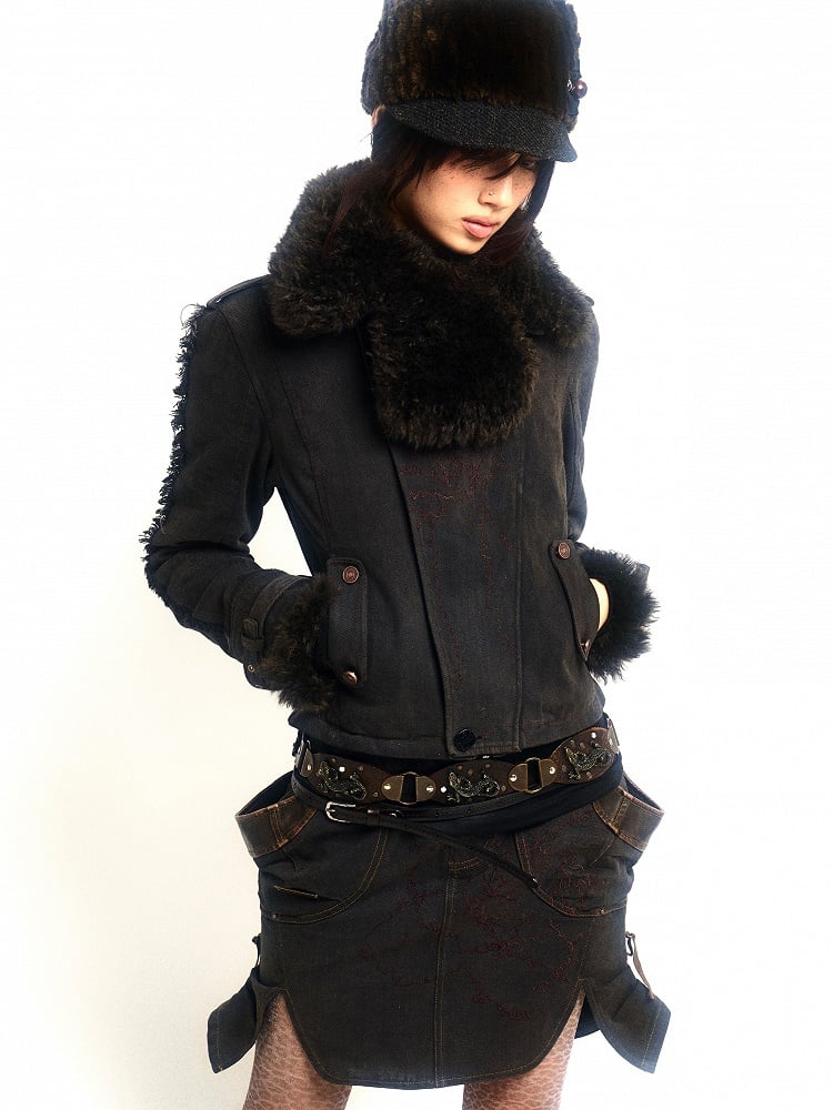 Jacket Details Collar Washed Fur Detachable Faux Black with Punk Embroidered