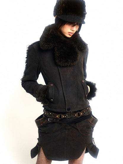 Jacket Details Collar Washed Fur Detachable Faux Black with Punk Embroidered