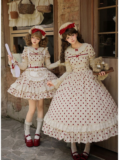 Long Beige and Red Polka Dot Puff-Sleeve Faux Layered Lolita OP Set with Apron - With PUJI
