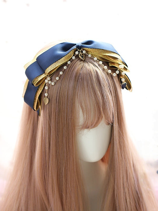 Layered Multi Bowknot KC Gorgeous - Gold Heart Chain and Dark Charm with Bead Lolita Blue