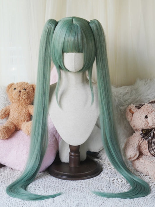 Staubig grüne Bob-Kurzperücke mit Pony+Doppelte gerade Pferdeschwanz-Krallenclips