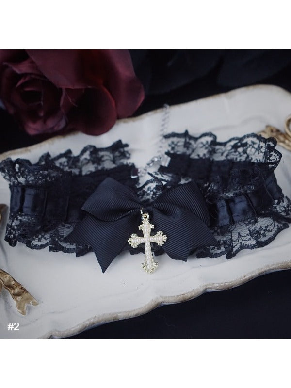 Gothic Black Bow Choker with Cross Pendant - Strange Sugar