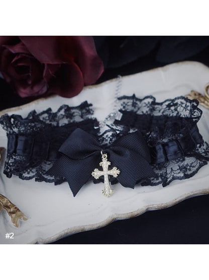 Gothic Black Bow Choker with Cross Pendant - Strange Sugar