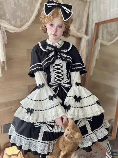 Doll-like Black Old School Lolita JSK with Front Criss-Cross Detailing & White Lace