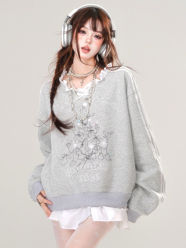 Grey/Blue Lampstand Print Ruffle Trim V-neck Sweatshirt