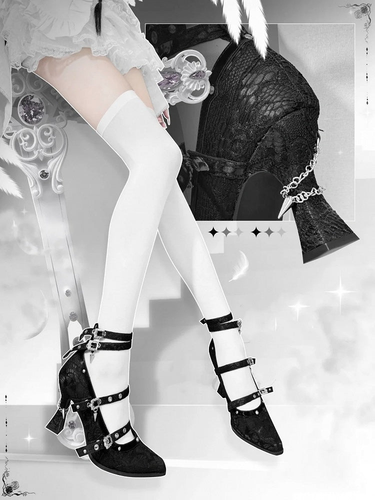 Gothic Black Pointed Toe  Lace 8.5cm High Heels Multiple Buckle Straps
