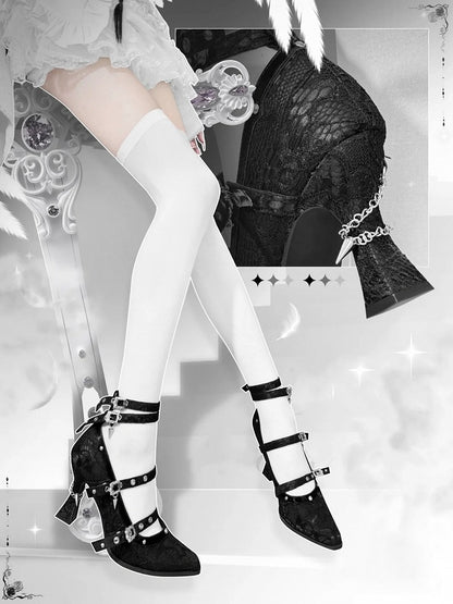 Gothic Black Pointed Toe  Lace 8.5cm High Heels Multiple Buckle Straps