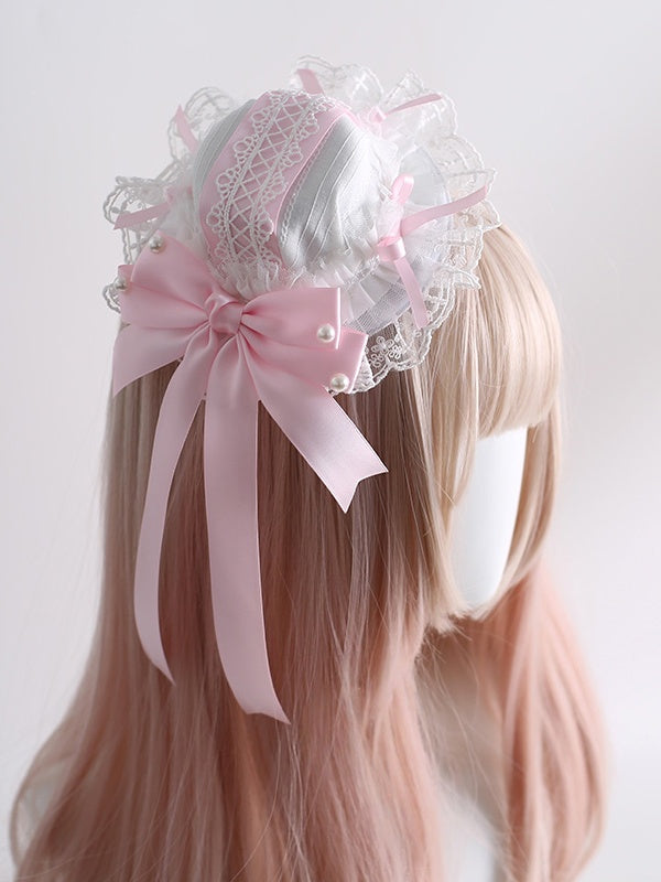 Large White And Pink Lolita With Lace Mini Bowknot Hat Cute