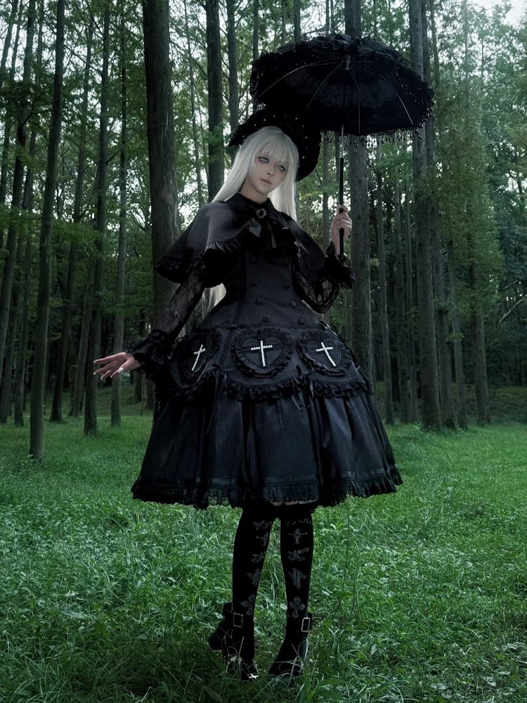 Decoration Ruffle Cross Beaded Lolita Hem Detail with Dress Lace Black and Gothic