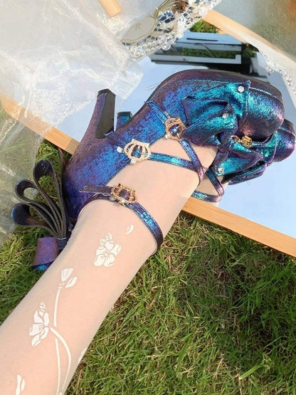 Sparkling Blue-Purple Satin Hime Lolita 8.5cm High Heel Shoes with Crown Buckle and Bow Details - Aimee
