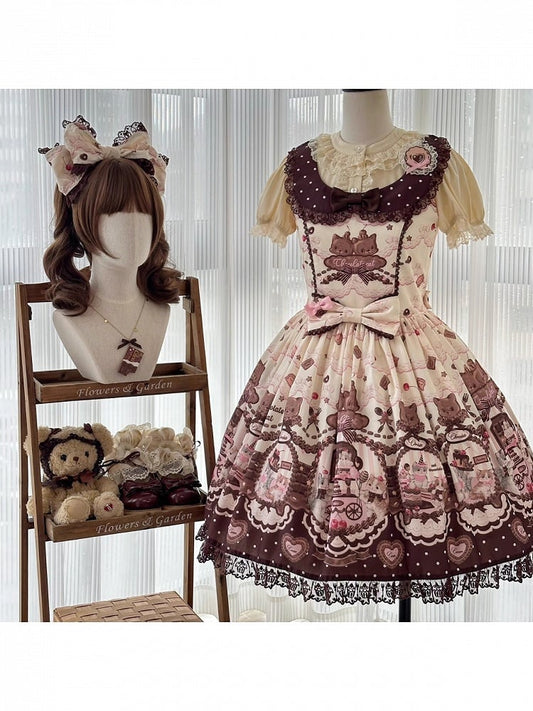 Sleeves Lolita Floral with Puff JSK Theme Cat Dress Sweet Chocolate Print