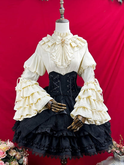 Gothic Lolita Tie Neckline Layered Ruffle Jabot Sleeves Bell Apricot with Shirt