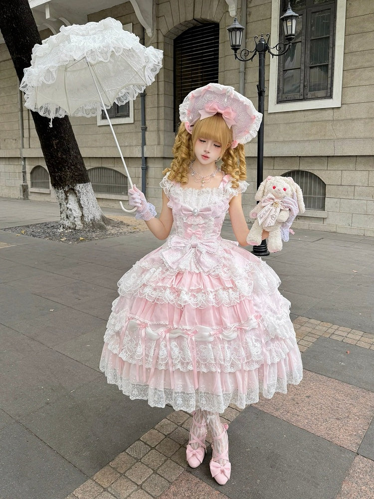 Pink Hanayome Lolita JSK with Bows & Lace Trim - White Sugar Girl