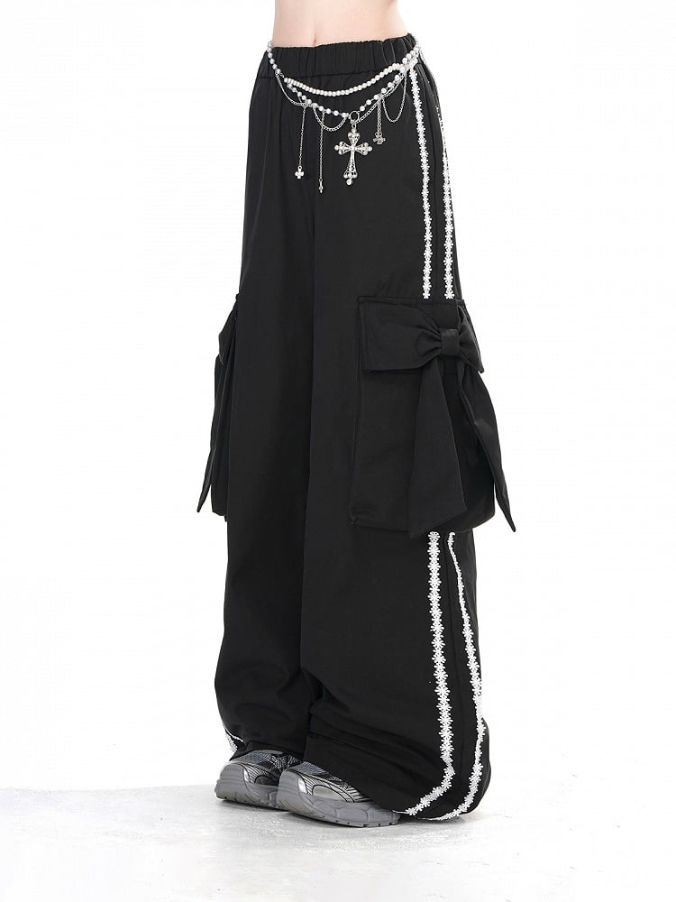大きなリボンカーゴポケット付きブラックワイドレッグパンツ