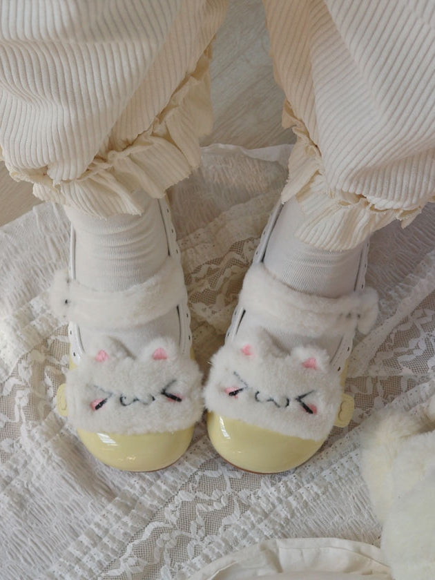 Shoes White PU Plushie Button Sweet Flat Design Kitty Yellow Snap