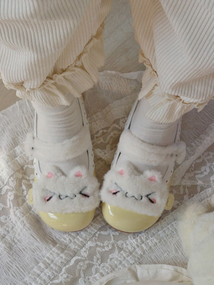 Shoes White PU Plushie Button Sweet Flat Design Kitty Yellow Snap