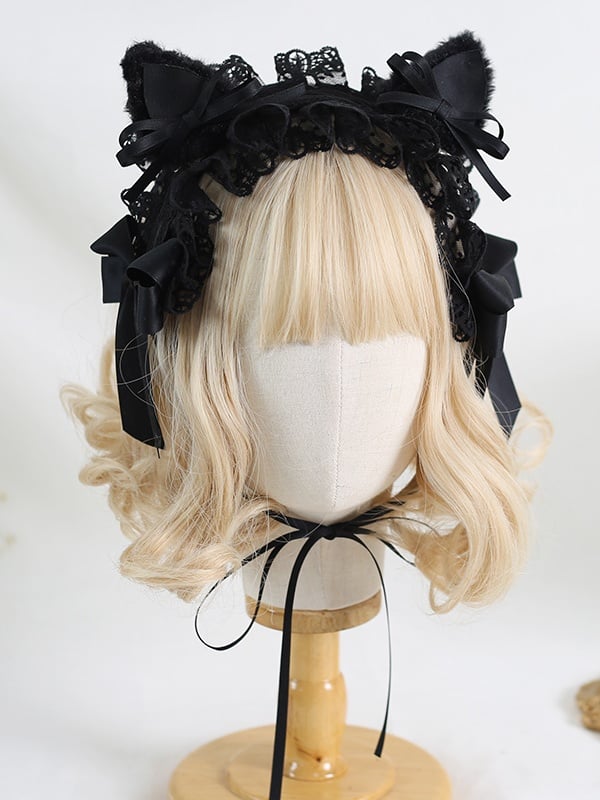 Sweet 5 Detachable Lace Kitty Hairband Lolita with Ears Colors Plush Bowknot