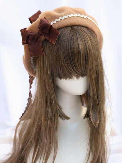 Beret Sweet Ribbon Long Bow Camel Lolita