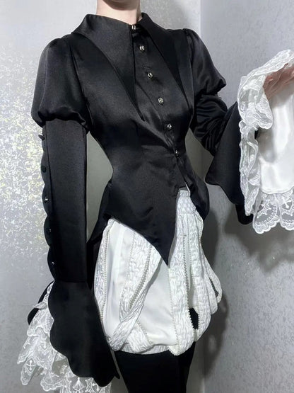 Black Pointed Foldover Collar Ouji Gothic Lolita Long Sleeves Tail Shirt