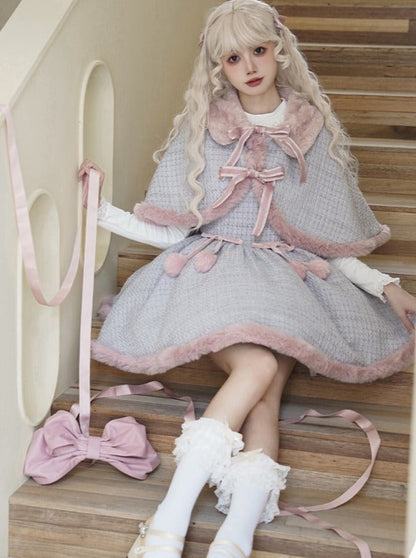 Tweed-Pelzkleid Pelz + süßer Umhang