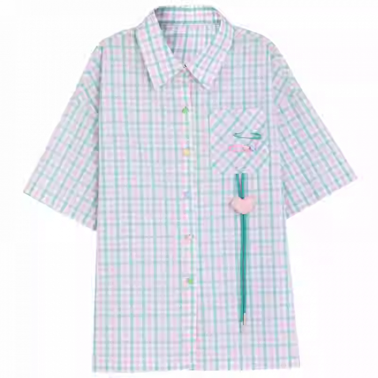 Placket Heart Short Star Button Sleeves Shirt Plaid  Drawstring Green/Yellow