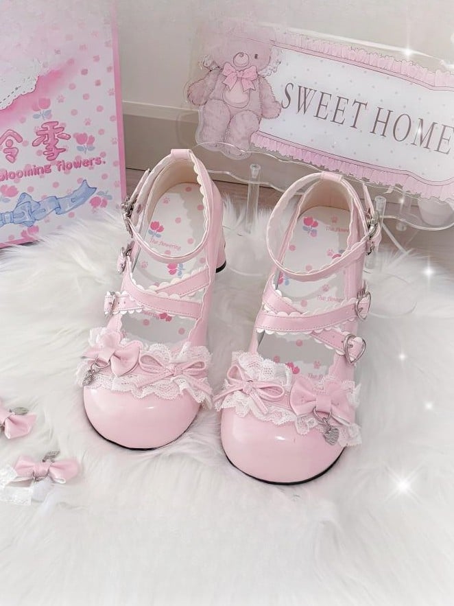 with Mary Janes Mid Lolita PU Details Bow - Heel Pink Sweet