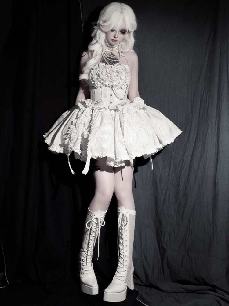 ゴシックホワイトフロントレースアップタイレースプラットフォームハイブロックヒールニーハイブーツ