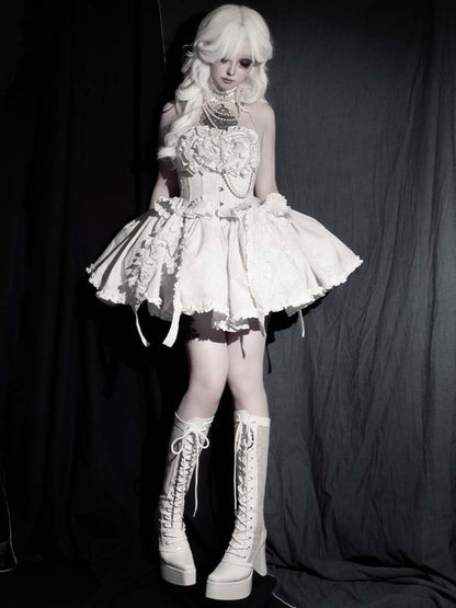 ゴシックホワイトフロントレースアップタイレースプラットフォームハイブロックヒールニーハイブーツ