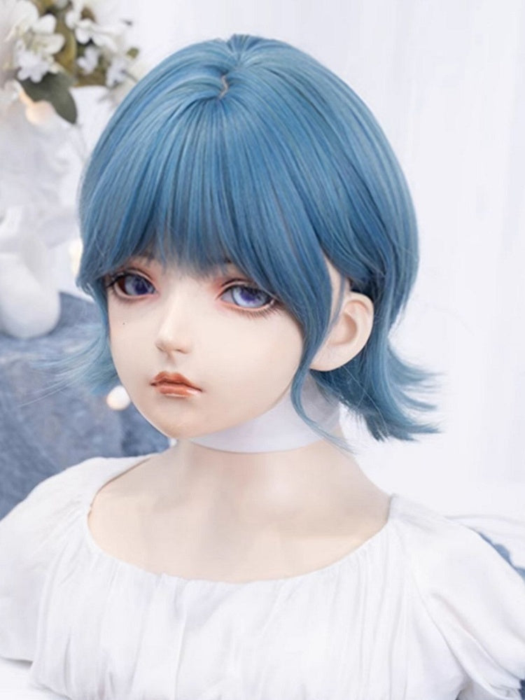 Blaue 29CM kurze Perücke mit Air Bangs