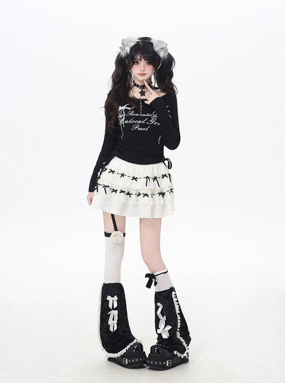 リボンプリントレースのスイートトップトリム、ドローストリングウエスト、ホワイト/ブラック