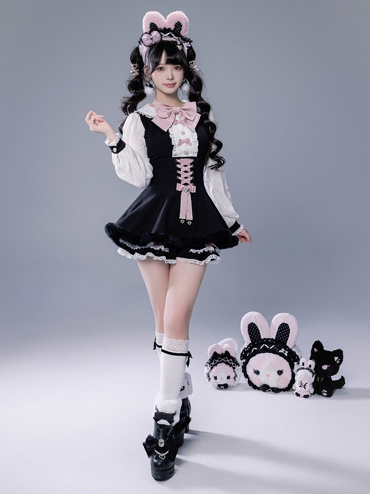 Full Shorts Black Pink Bunny Matching Cape Set Kei Brooch Dress Ear Jirai Bow + Lace Plush