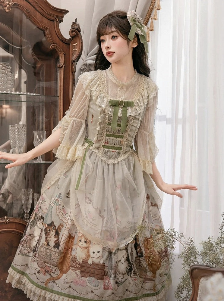 Green Cat Print Lace Ruffles Sweet Lolita JSK Dress with Drawstring Overlay - NyaNya