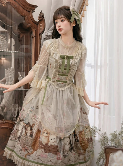 Green Cat Print Lace Ruffles Sweet Lolita JSK Dress with Drawstring Overlay - NyaNya
