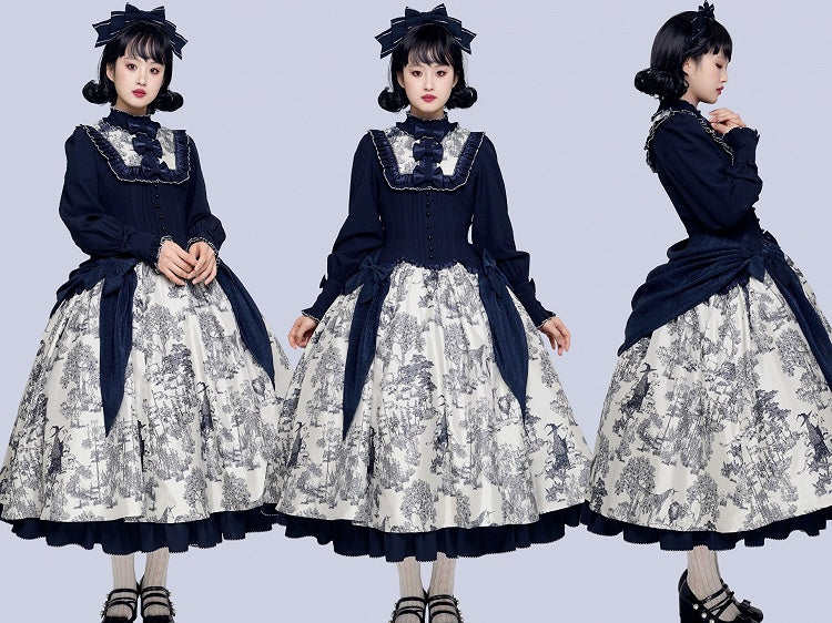 Piece Animals Lolita White Print Long-Sleeve One Dark Elegant Blue Forest