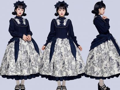 Piece Animals Lolita White Print Long-Sleeve One Dark Elegant Blue Forest