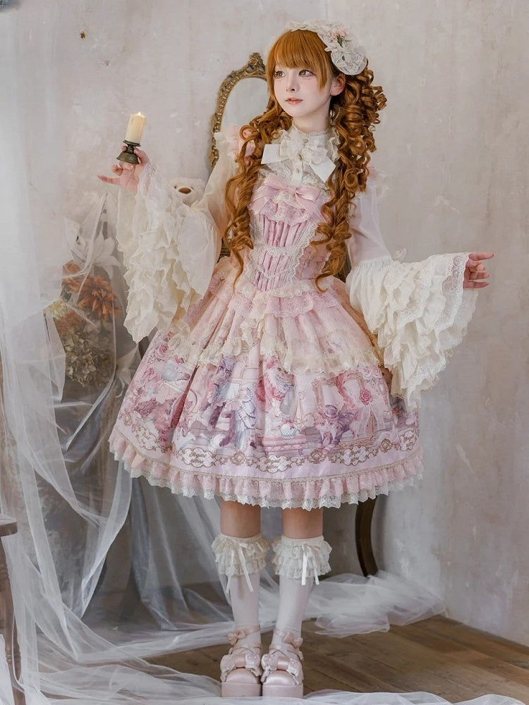 Sleeves Pink Cat Dress Flutter Trim and Bow Lace Print Accents Sweet with Lolita JSK