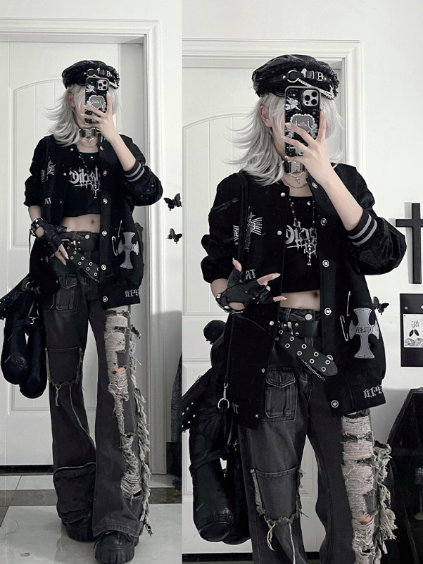 Vintage CuffCrown+Wing Black Gray Baseball Jacketwith Striped Print Gothic