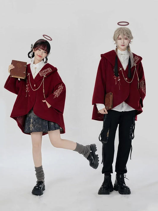 赤い新年の衣装の詳細 ユニセックスフード付きケープコート