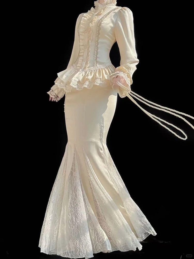 Lace Details with Skirt Mermaid Lolita Apricot Classic Elegant