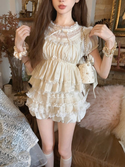 Top Trim Hem Apricot With Lace Sleeves Puff Peplum