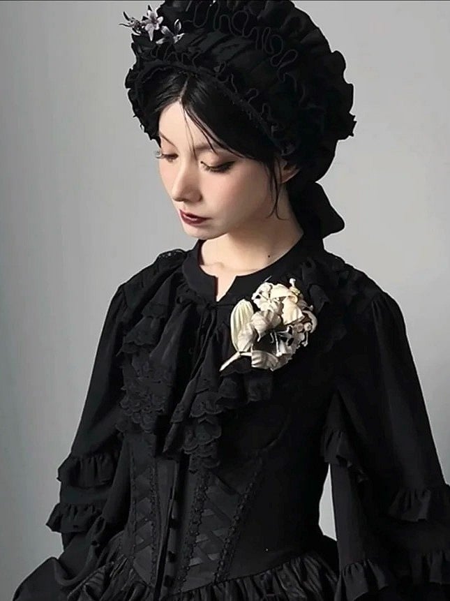 Lolita Hairband with Ruffled Black/Gray/Brown Accent Floral