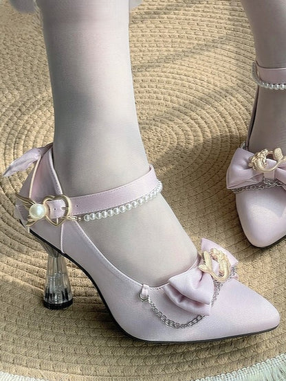 Mermaid Sweet Lolita Pointed Toe Pink 7cm Heels with Pearl Chain & Bow - Meng Ka Jiang