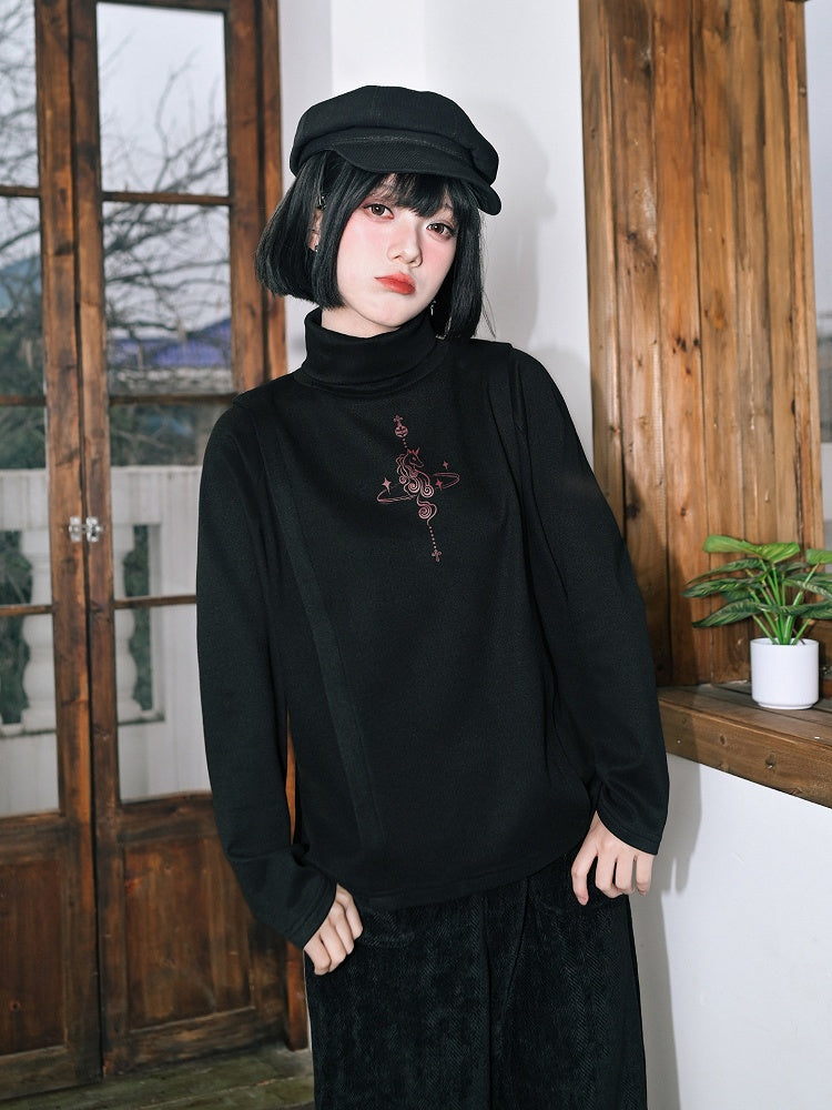 Fleece-lining Long Black with Print Top High-neck Unicorn Sleeve