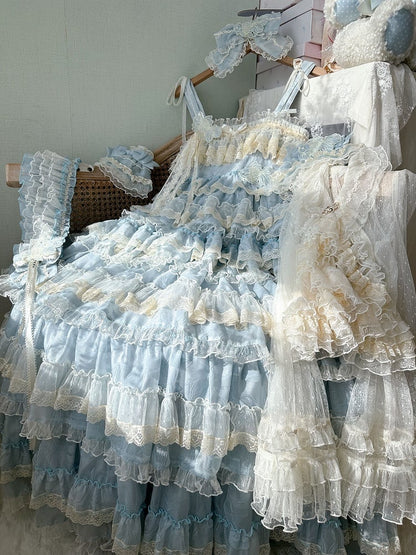 Goldfischblaues, verstellbares, süßes Lolita-Kleid mit Rüschen und Stickereien, Trägern und mehrlagigem