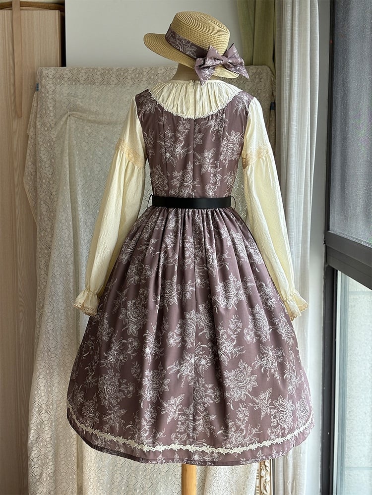 Brown & Beige Rosette Print Long-sleeved Elegant Classic Lolita Dress