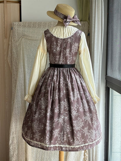 Brown & Beige Rosette Print Long-sleeved Elegant Classic Lolita Dress