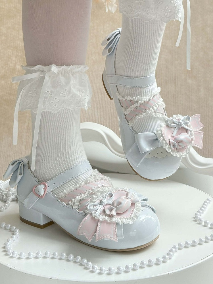 - Low Heels Pink mit Clip Style Lolita Sweet A Candy-Decorated Heart Shoe Bow Blue