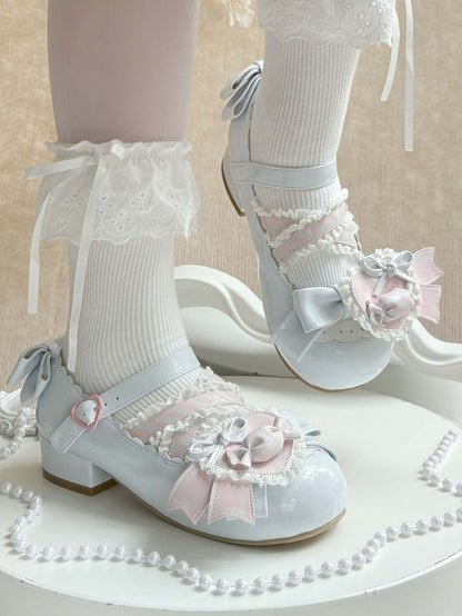 - Low Heels Pink mit Clip Style Lolita Sweet A Candy-Decorated Heart Shoe Bow Blue